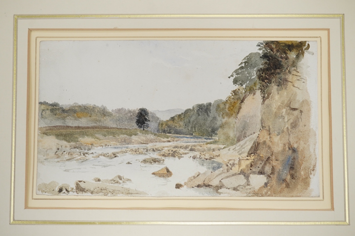 Attributed to David Cox (1783-1859), watercolour, Riverscape, mounted, unframed, 14 x 23cm